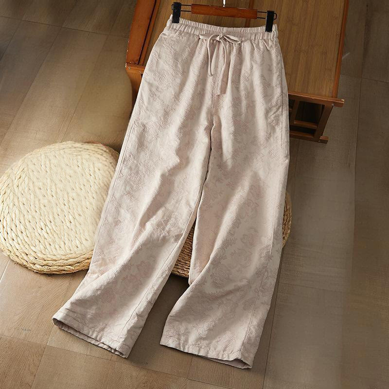 Pantalones de algodón de pierna ancha para mujer con estampado floral de jacquard térmico de invierno y bolsillos . - Blanco antiguo - US8-10，UK/AU12-14，EU40-42 (2XL) - image 7