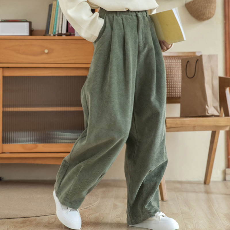 Pantalones de pana de algodón con cintura alta, cremallera y pernera ancha para mujer de Buddha Stones con bolsillos - Verde oliva - US6, UK/AU10, EU38 (L) - image 0