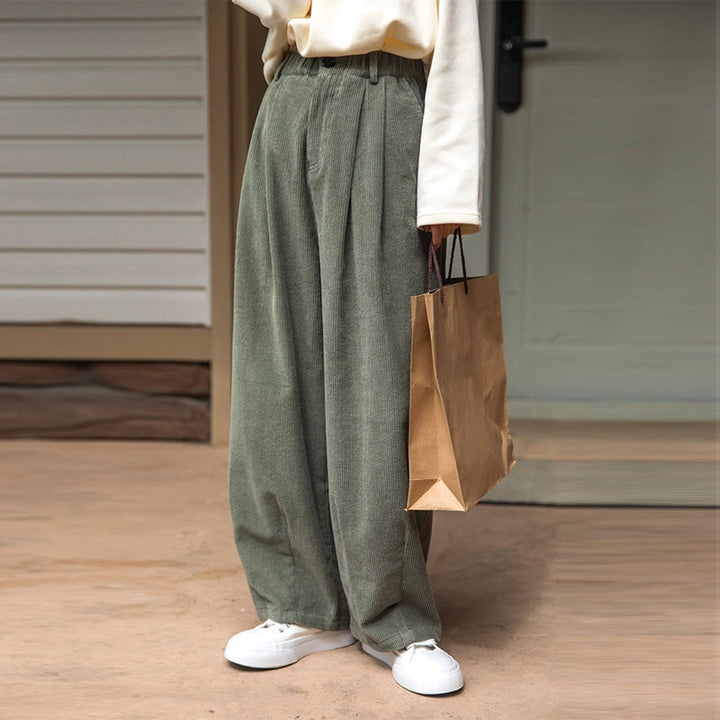 Pantalones de pana de algodón con cintura alta, cremallera y pernera ancha para mujer de Buddha Stones con bolsillos - image 9