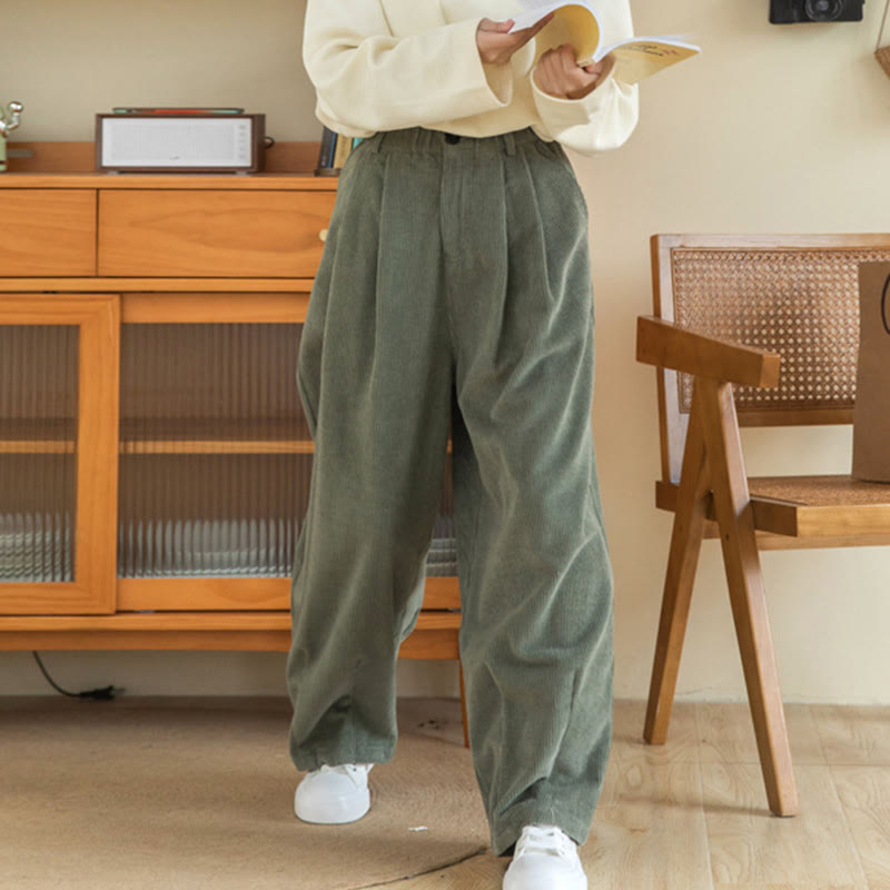 Pantalones de pana de algodón con cintura alta, cremallera y pernera ancha para mujer de Buddha Stones con bolsillos - image 6