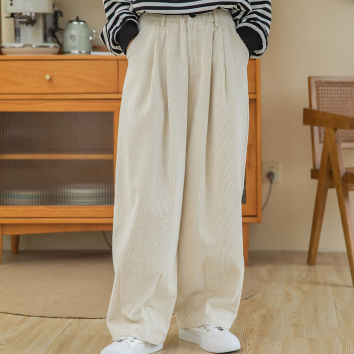 Pantalones de pana de algodón con cintura alta, cremallera y pernera ancha para mujer de Buddha Stones con bolsillos - image 18