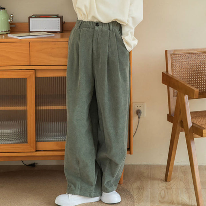 Pantalones de pana de algodón con cintura alta, cremallera y pernera ancha para mujer de Buddha Stones con bolsillos - image 3