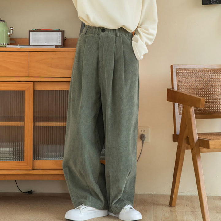 Pantalones de pana de algodón con cintura alta, cremallera y pernera ancha para mujer de Buddha Stones con bolsillos - image 5