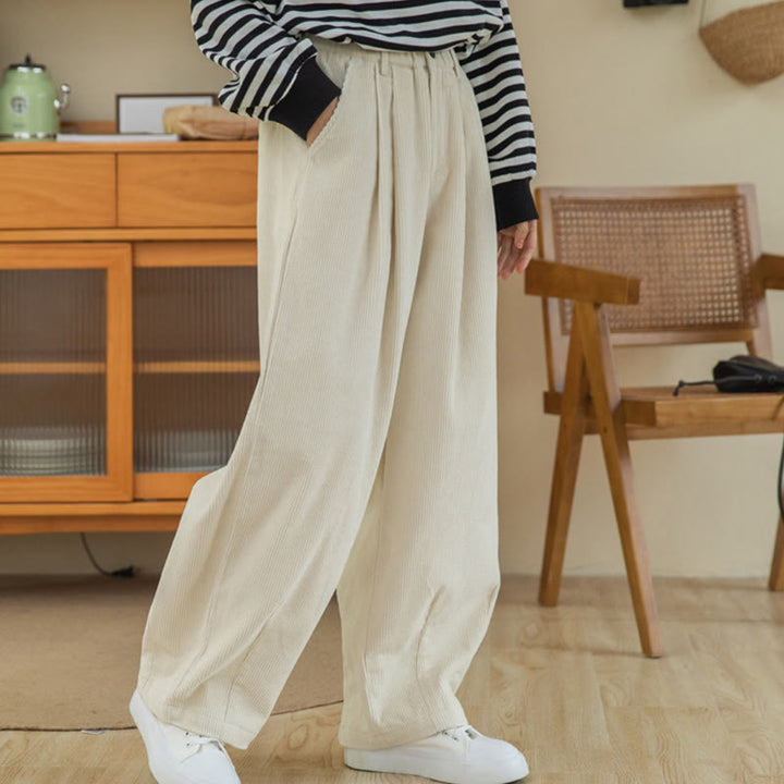 Pantalones de pana de algodón con cintura alta, cremallera y pernera ancha para mujer de Buddha Stones con bolsillos - image 21