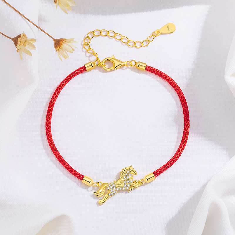 Pulsera de la suerte con Buddha Stones, año del Caballo, en plata de ley 925, hilo rojo dorado - Caballo (circunferencia de muñeca 14-18 cm) - image 0