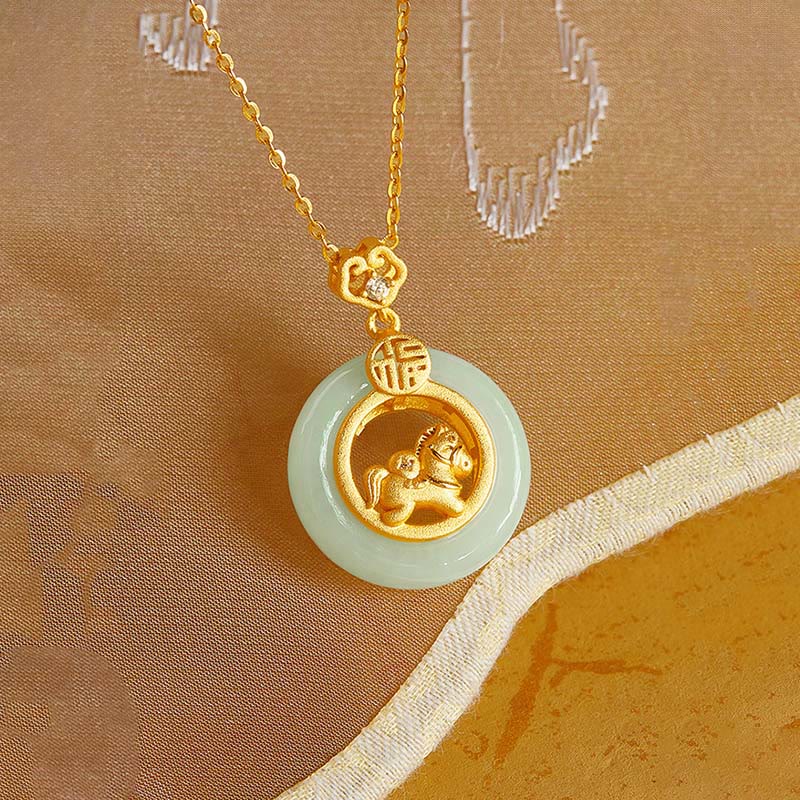 Collar con colgante de plata de ley 925 con Buddha Stones y jade hetiano del Año del Caballo, hebilla de la paz y la suerte - image 3