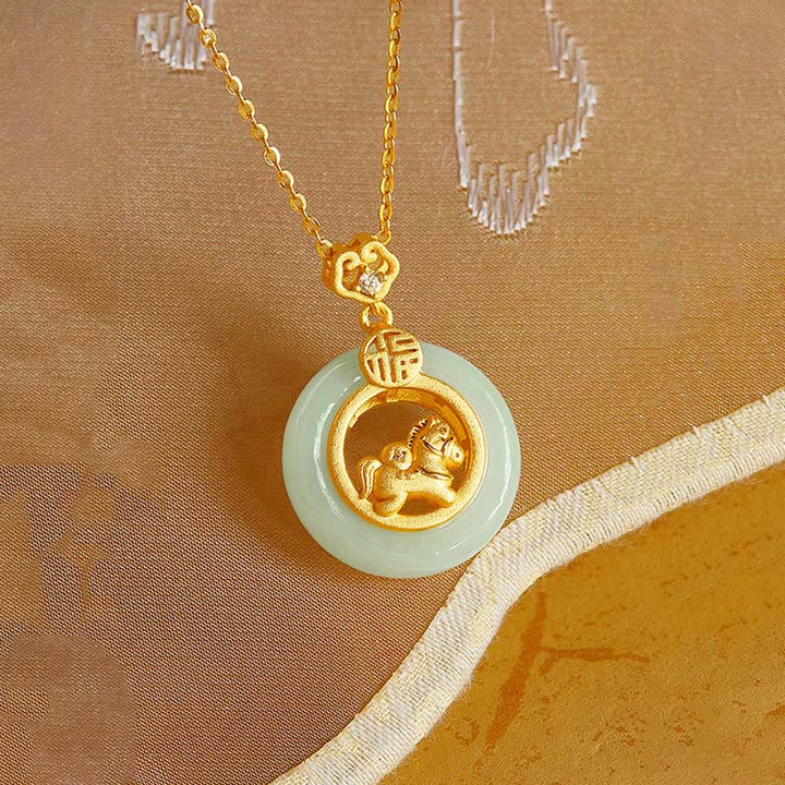 Collar con colgante de plata de ley 925 con Buddha Stones y jade hetiano del Año del Caballo, hebilla de la paz y la suerte - image 3