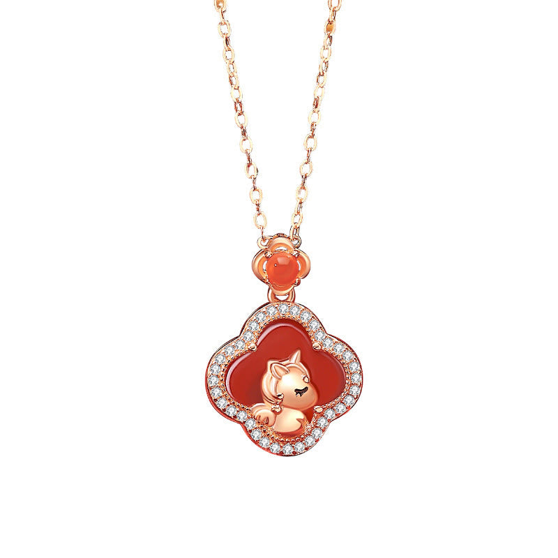 Collar con colgante de ágata roja y trébol de cuatro hojas con Buddha Stones en plata de ley 925 y el Año del Caballo. - image 3