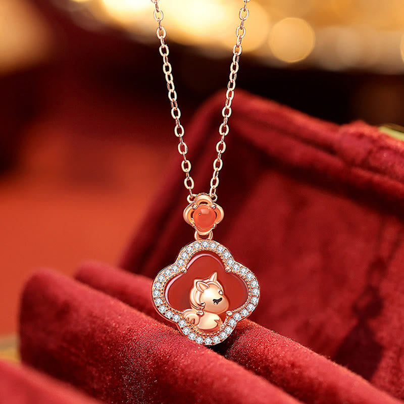 Collar con colgante de ágata roja y trébol de cuatro hojas con Buddha Stones en plata de ley 925 y el Año del Caballo. - image 2