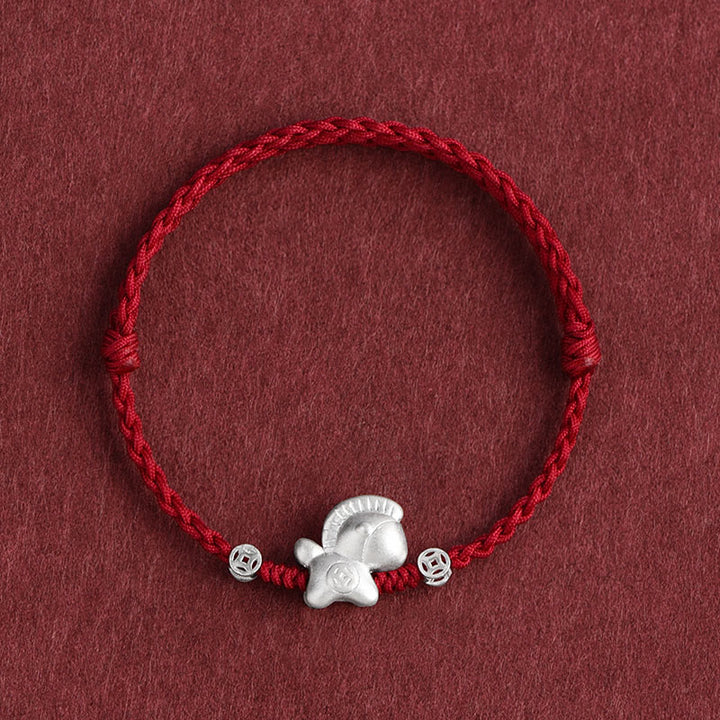 Pulsera trenzada de cuerda de la suerte con monedas de cobre y plata de ley 999 con Buddha Stones del Año del Caballo - Tobillera rojo oscuro (circunferencia 17-30 cm) - image 0