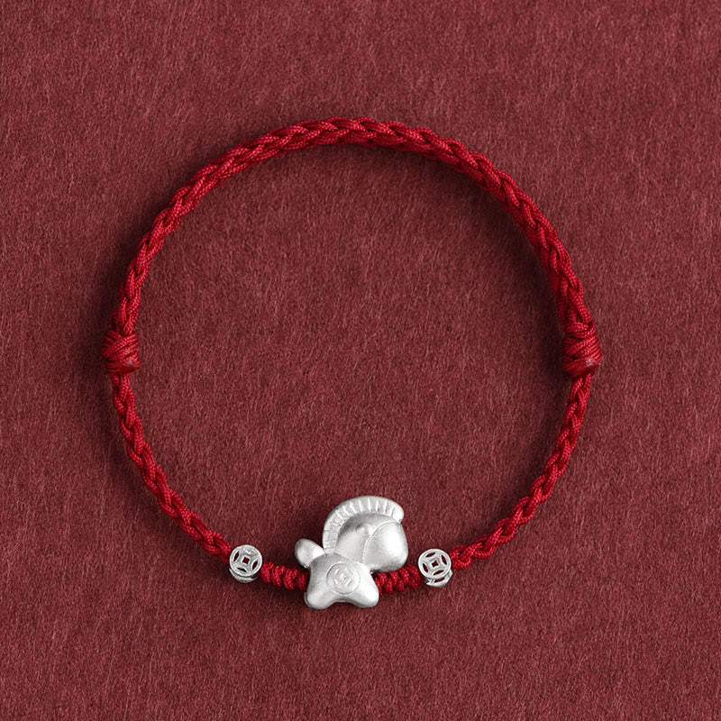 Pulsera trenzada de cuerda de la suerte con monedas de cobre y plata de ley 999 con Buddha Stones del Año del Caballo - Tobillera roja oscura (circunferencia 17-30 cm) - image 0