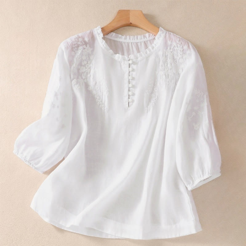 Camisa informal de manga corta abullonada con diseño floral bordado y botones lisos de Buddha Stones para mujer - Humo blanco - US8-10，UK/AU12-14，EU40-42 (2XL) - image 6