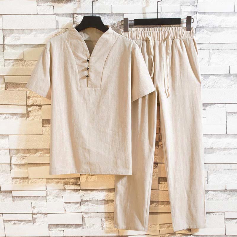 Conjunto de 2 camisetas y pantalones de manga corta con botones de algodón de color liso para hombre con Buddha Stones - Blanco antiguo - US/UK/AU44, UE 54 (5XL) - image 11