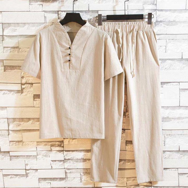Conjunto de 2 camisetas y pantalones de manga corta con botones de algodón de color liso para hombre con Buddha Stones - Blanco antiguo - US/UK/AU44, UE 54 (5XL) - image 11