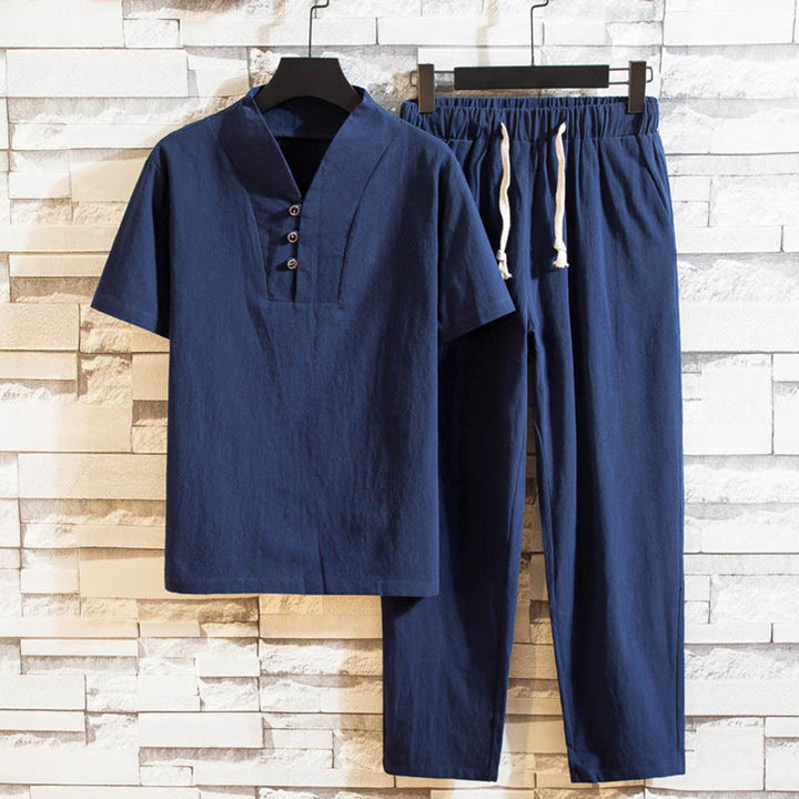 Conjunto de 2 camisetas y pantalones de manga corta con botones de algodón de color liso para hombre con Buddha Stones - Azul acero - US/UK/AU44, UE 54 (5XL) - image 12