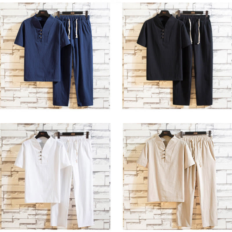 Conjunto de 2 camisetas y pantalones de manga corta con botones de algodón de color liso para hombre con Buddha Stones - image 13