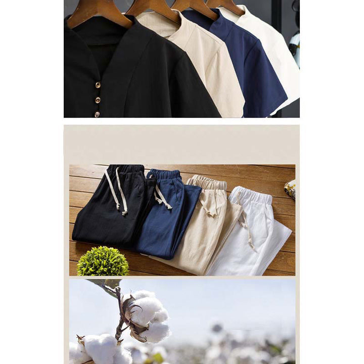 Conjunto de 2 camisetas y pantalones de manga corta con botones de algodón de color liso para hombre con Buddha Stones - image 14