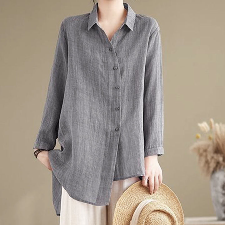 Camisa de algodón de manga larga para mujer con diseño irregular de Buddha Stones y botones - image 3