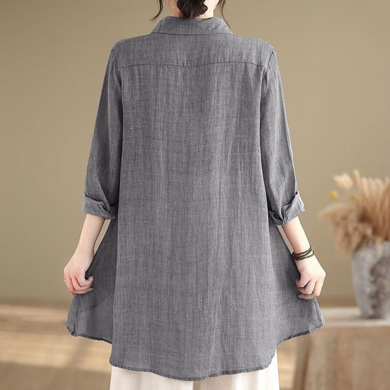 Camisa de algodón de manga larga para mujer con diseño irregular de Buddha Stones y botones - image 4