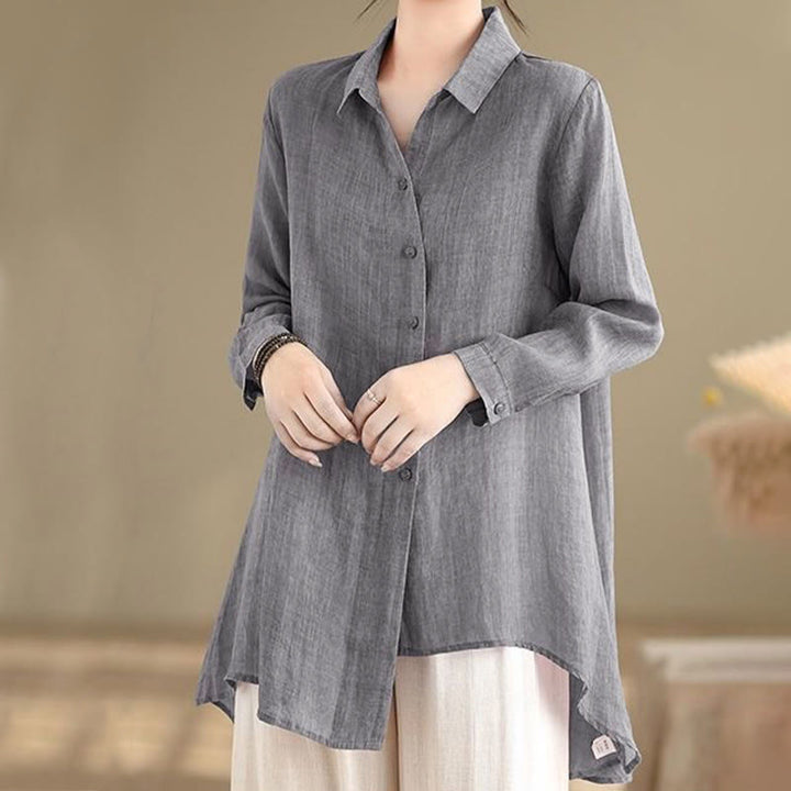 Camisa de algodón de manga larga para mujer con diseño irregular de Buddha Stones y botones - image 2
