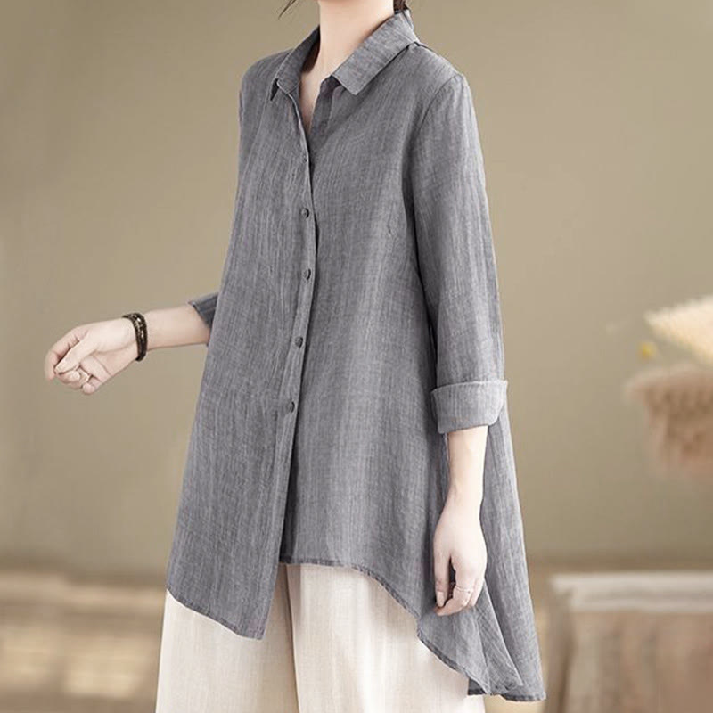 Camisa de algodón de manga larga para mujer con diseño irregular de Buddha Stones y botones - Gris - US12, UK/AU16, EU44 (3XL) - image 0