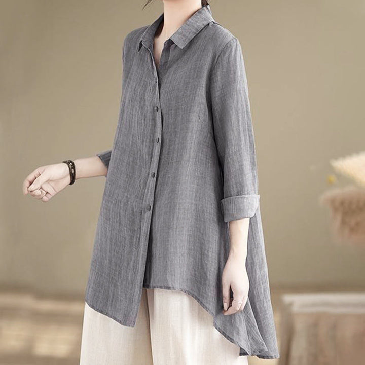 Camisa de algodón de manga larga para mujer con diseño irregular de Buddha Stones y botones - Gris - US12, UK/AU16, EU44 (3XL) - image 0