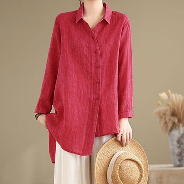 Camisa de algodón de manga larga para mujer con diseño irregular de Buddha Stones y botones - image 15