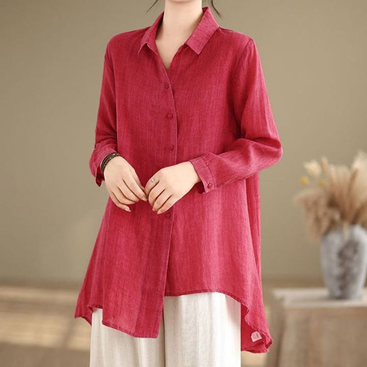 Camisa de algodón de manga larga para mujer con diseño irregular de Buddha Stones y botones - image 12