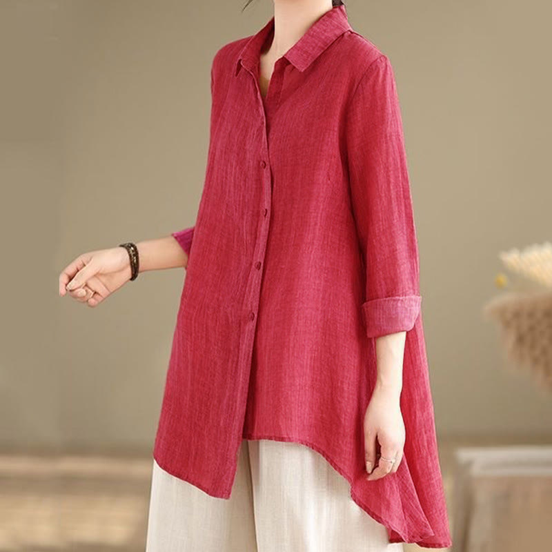Camisa de algodón de manga larga para mujer con diseño irregular de Buddha Stones y botones - Rosa intenso - US12, UK/AU16, EU44 (3XL) - image 6