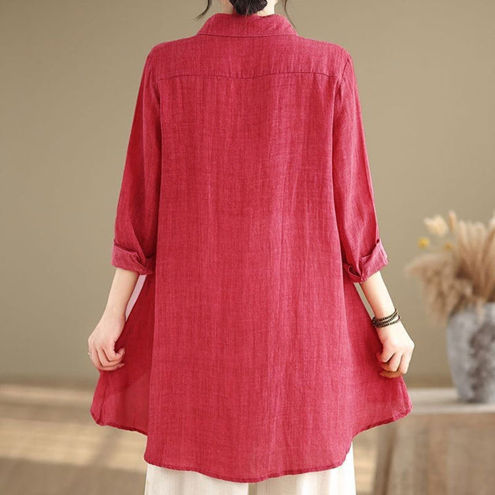 Camisa de algodón de manga larga para mujer con diseño irregular de Buddha Stones y botones - image 17