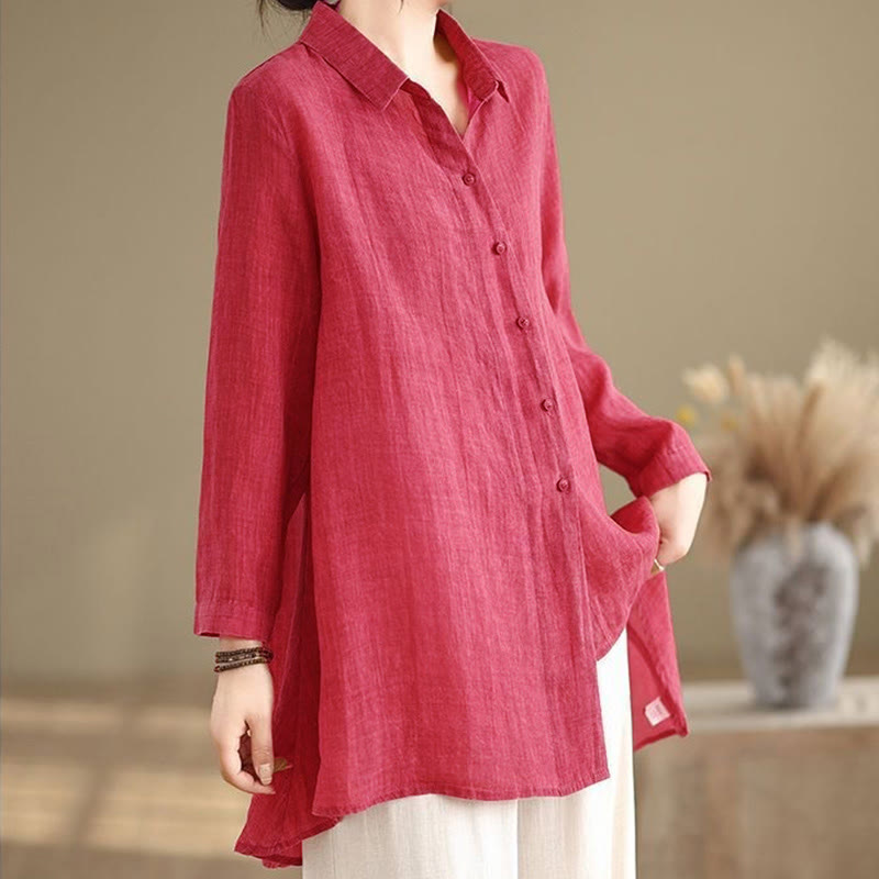 Camisa de algodón de manga larga para mujer con diseño irregular de Buddha Stones y botones - image 9