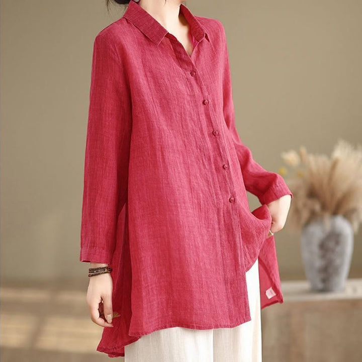 Camisa de algodón de manga larga para mujer con diseño irregular de Buddha Stones y botones - image 9