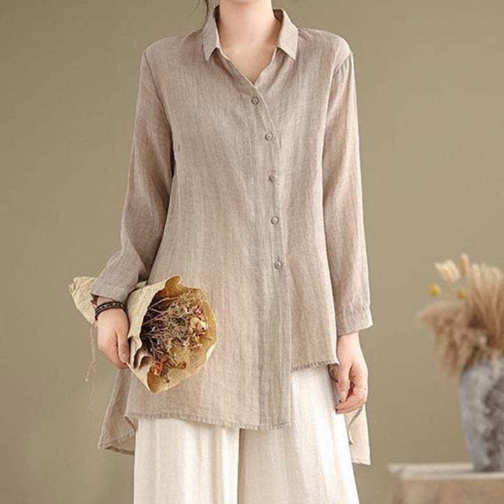 Camisa de algodón de manga larga para mujer con diseño irregular de Buddha Stones y botones - image 24