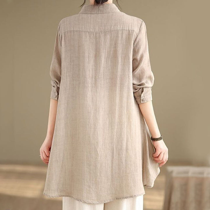 Camisa de algodón de manga larga para mujer con diseño irregular de Buddha Stones y botones - image 22