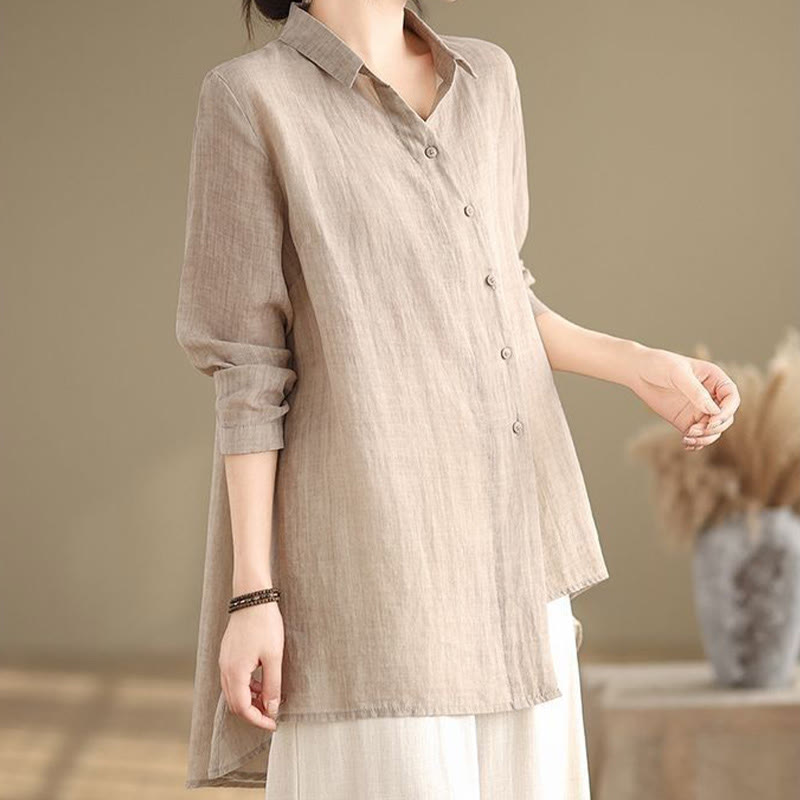 Camisa de algodón de manga larga para mujer con diseño irregular de Buddha Stones y botones - image 25