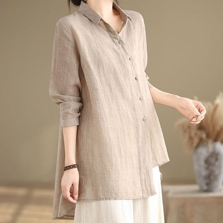 Camisa de algodón de manga larga para mujer con diseño irregular de Buddha Stones y botones - image 25