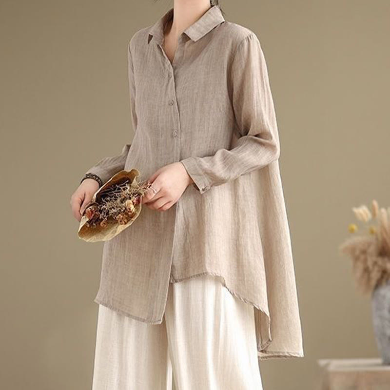 Camisa de algodón de manga larga para mujer con diseño irregular de Buddha Stones y botones - Trigo - US12, UK/AU16, EU44 (3XL) - image 21