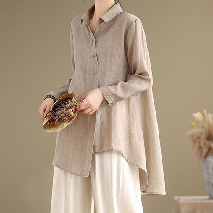 Camisa de algodón de manga larga para mujer con diseño irregular de Buddha Stones y botones - Trigo - US12, UK/AU16, EU44 (3XL) - image 21