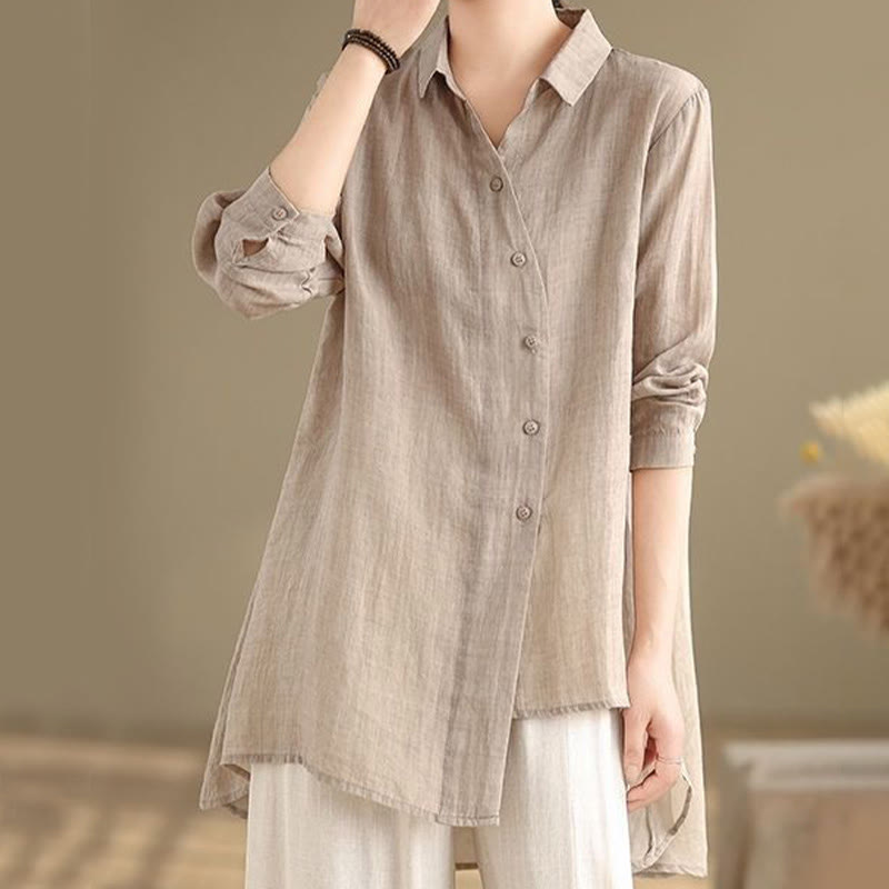 Camisa de algodón de manga larga para mujer con diseño irregular de Buddha Stones y botones - image 23