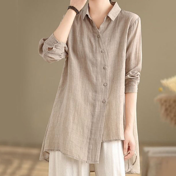 Camisa de algodón de manga larga para mujer con diseño irregular de Buddha Stones y botones - image 23