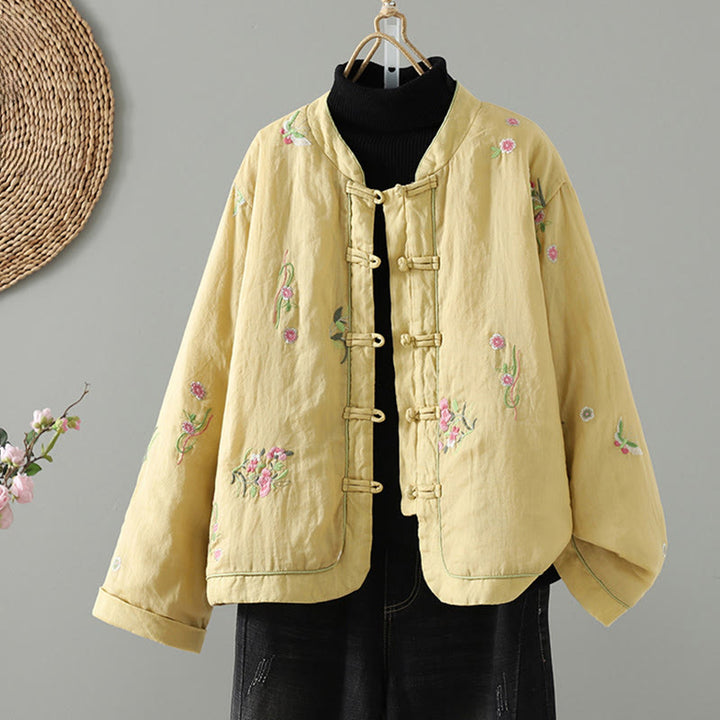 Chaqueta acolchada de algodón de manga larga para mujer con bordado de flores y Buddha Stones y bolsillos - Caqui - US8-10，UK/AU12-14，EU40-42 (2XL) - image 12