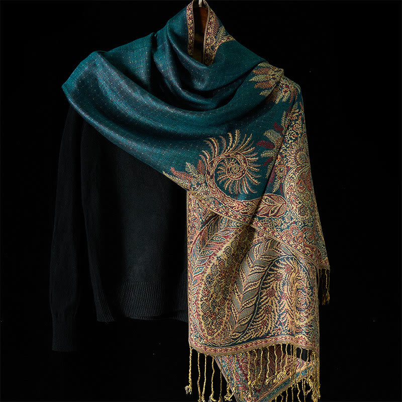 Buddha Stones Bufanda chal suave con borlas y estampado de flores y hojas largas de primavera - image 1