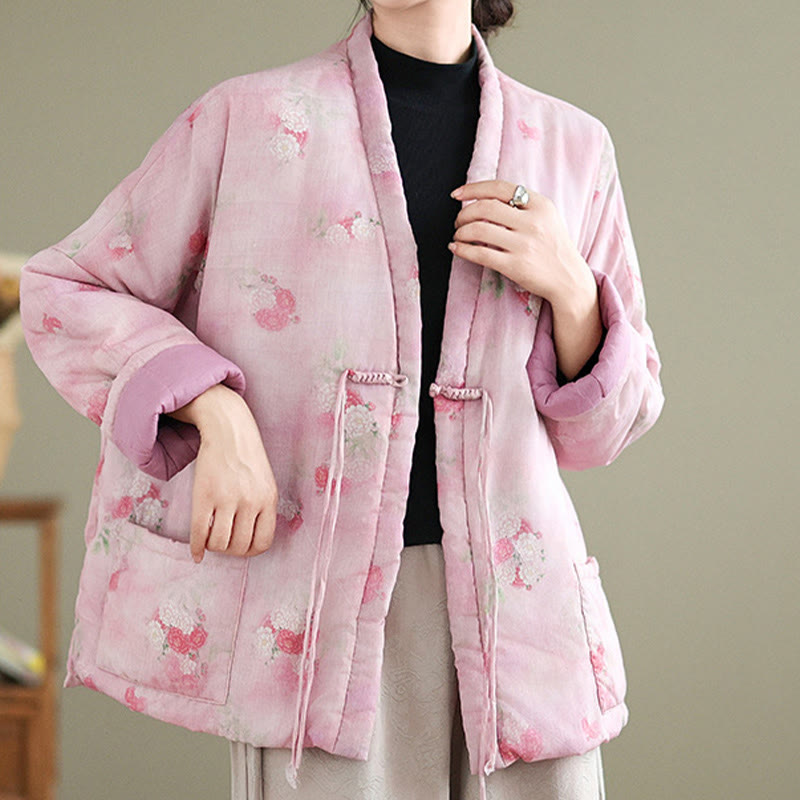 Chaqueta acolchada de algodón de manga larga para mujer con estampado de flores y Buddha Stones y bolsillos - Rosa - US12，UK/AU16，EU44 (XL) - image 0