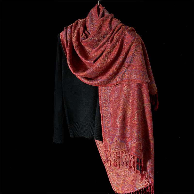 Buddha Stones Bufanda chal acogedor con borlas y estampado de rayas de flores de anacardo de primavera - image 2