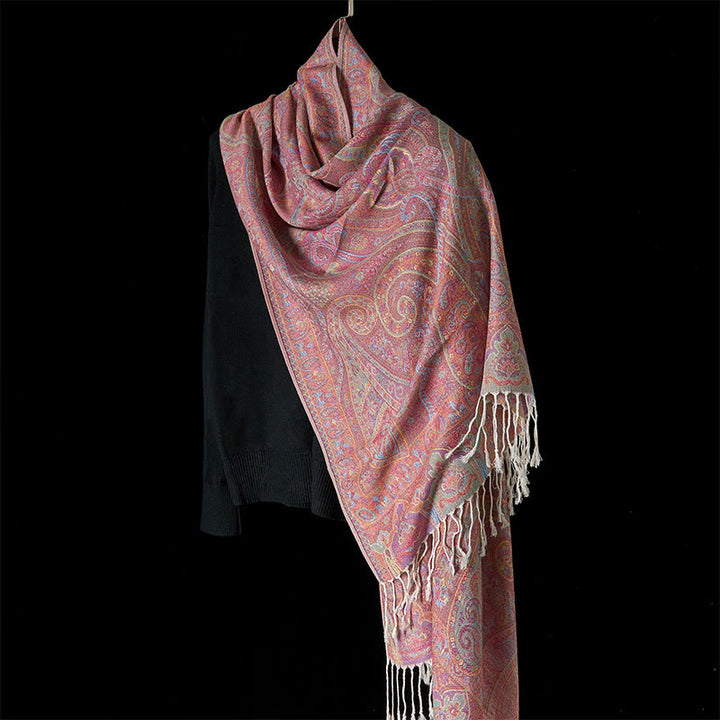 Buddha Stones Bufanda chal acogedor con borlas y estampado de rayas de flores de anacardo de primavera - image 8