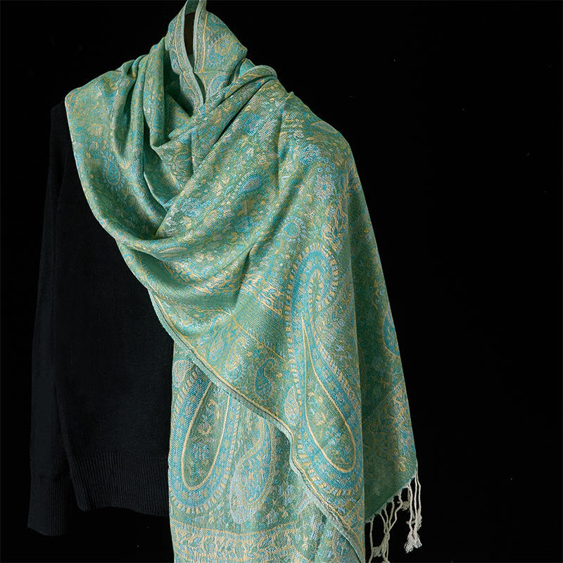 Bufanda tipo chal acogedora con borla, estampado geométrico de rayas y flores de anacardo en verde primavera de Buddha Stones - Verde claro - 170*70 cm - image 6