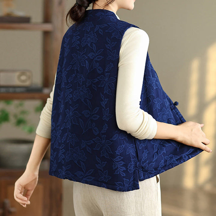 Chaleco de algodón sin mangas para mujer con estampado jacquard de Buddha Stones y botones de rana, con bolsillos - image 5