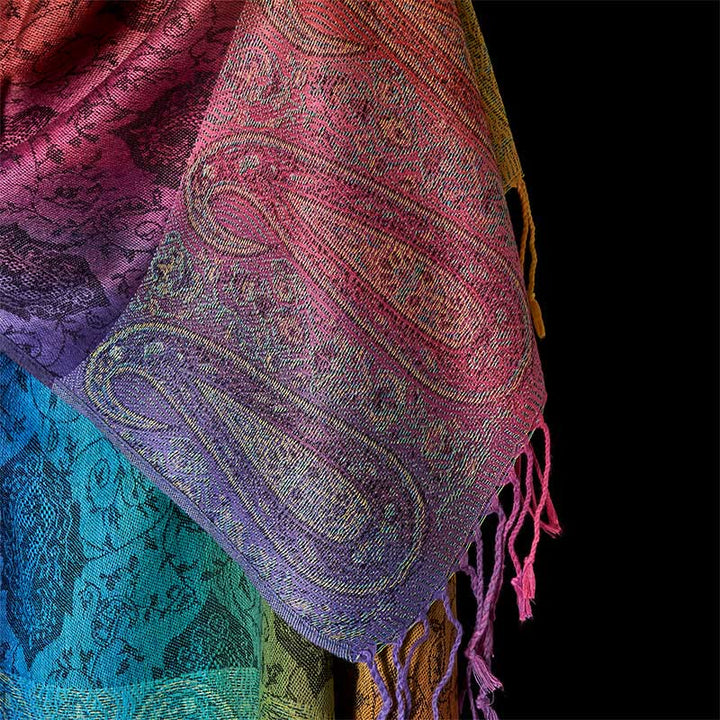 Bufanda/chal acogedora con borlas, estampado floral de anacardo con degradado colorido y Buddha Stones para primavera. - image 14