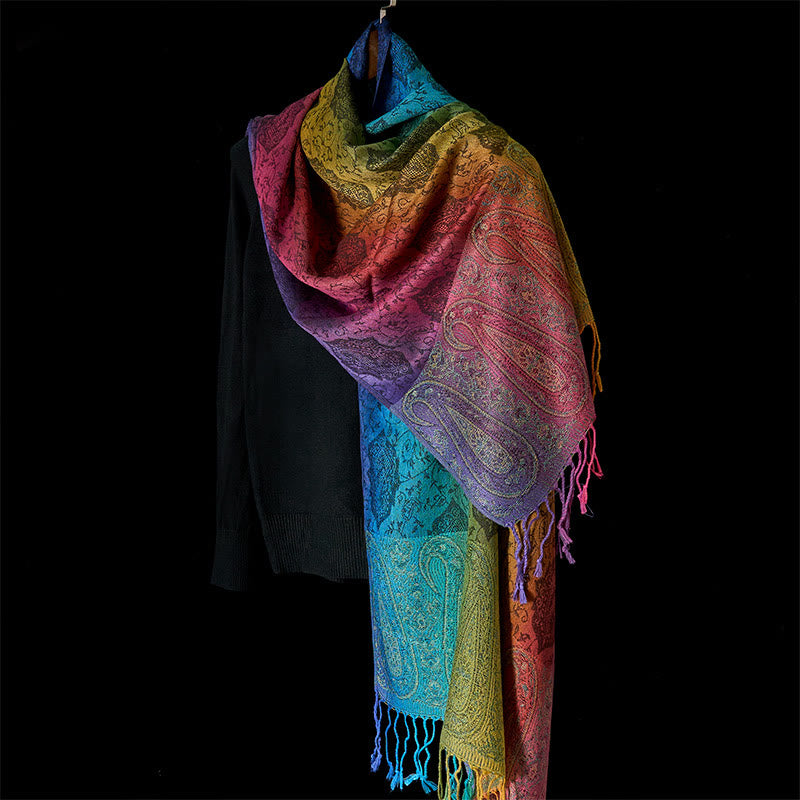 Bufanda/chal acogedora con borlas, estampado floral de anacardo con degradado colorido y Buddha Stones para primavera. - image 12