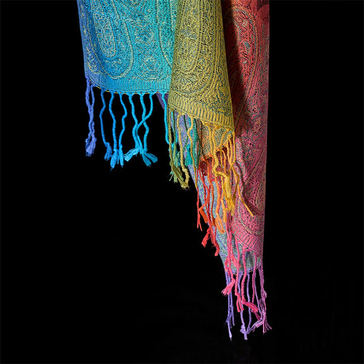 Bufanda/chal acogedora con borlas, estampado floral de anacardo con degradado colorido y Buddha Stones para primavera. - image 15